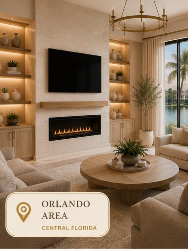 Custom fireplace wall and built-in cabinetry in a luxury Orlando Florida home