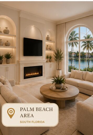 Elegant custom fireplace wall with built-ins in a Palm Beach Florida home