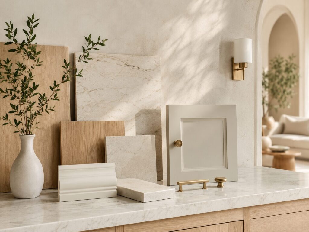 Premium stone, wood, cabinetry, paint, and hardware samples for a custom interior project