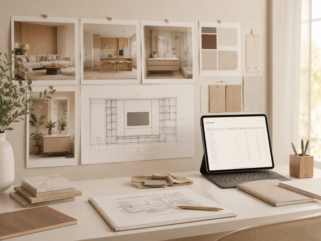 Interior project planning workspace with drawings, inspiration photos, samples, and budget review