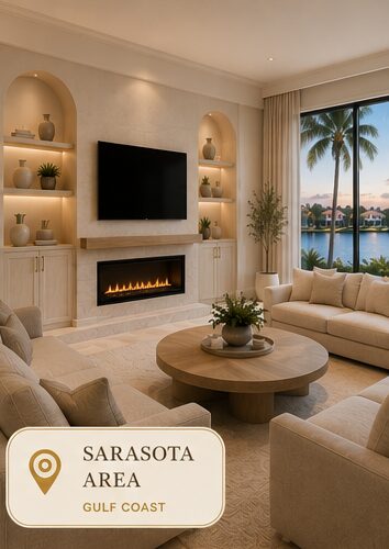 Contemporary fireplace wall with arched shelving in a Sarasota coastal home