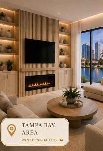 Modern TV media wall with fireplace and custom storage in Tampa Bay Florida