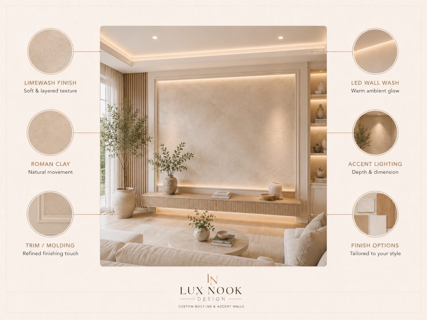 Custom Accent Wall Service Florida | Lux Nook Design Custom accent wall service in Florida with limewash, Roman clay, lighting, and decorative wall details