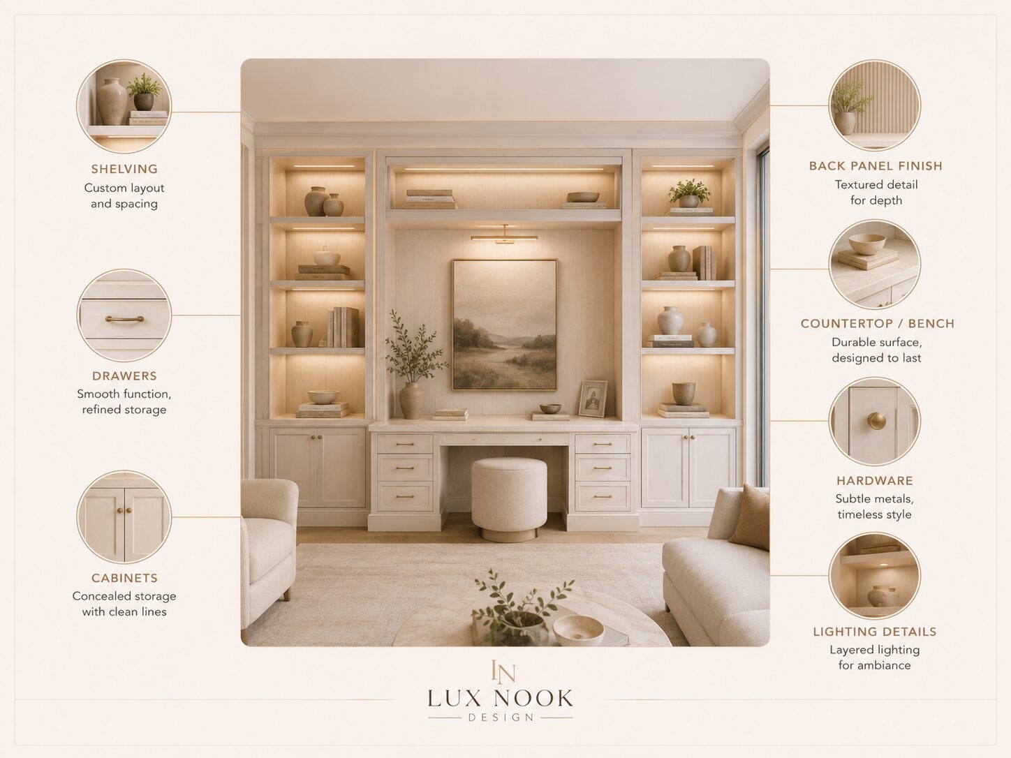 Custom Built-In Wall Service Florida | Lux Nook Design Custom built-in wall service in Florida with shelving, cabinets, drawers, and integrated lighting