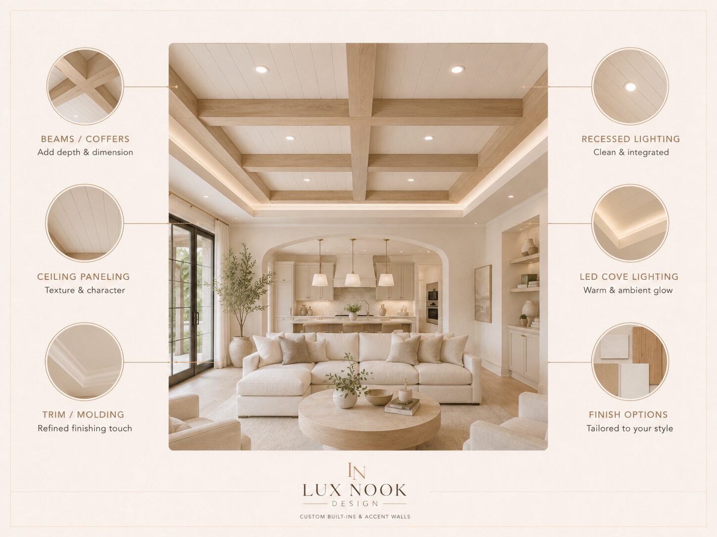 Custom Ceiling Feature Service Florida | Lux Nook Design Custom ceiling feature service in Florida with beams, paneling, trim, and integrated ceiling lighting