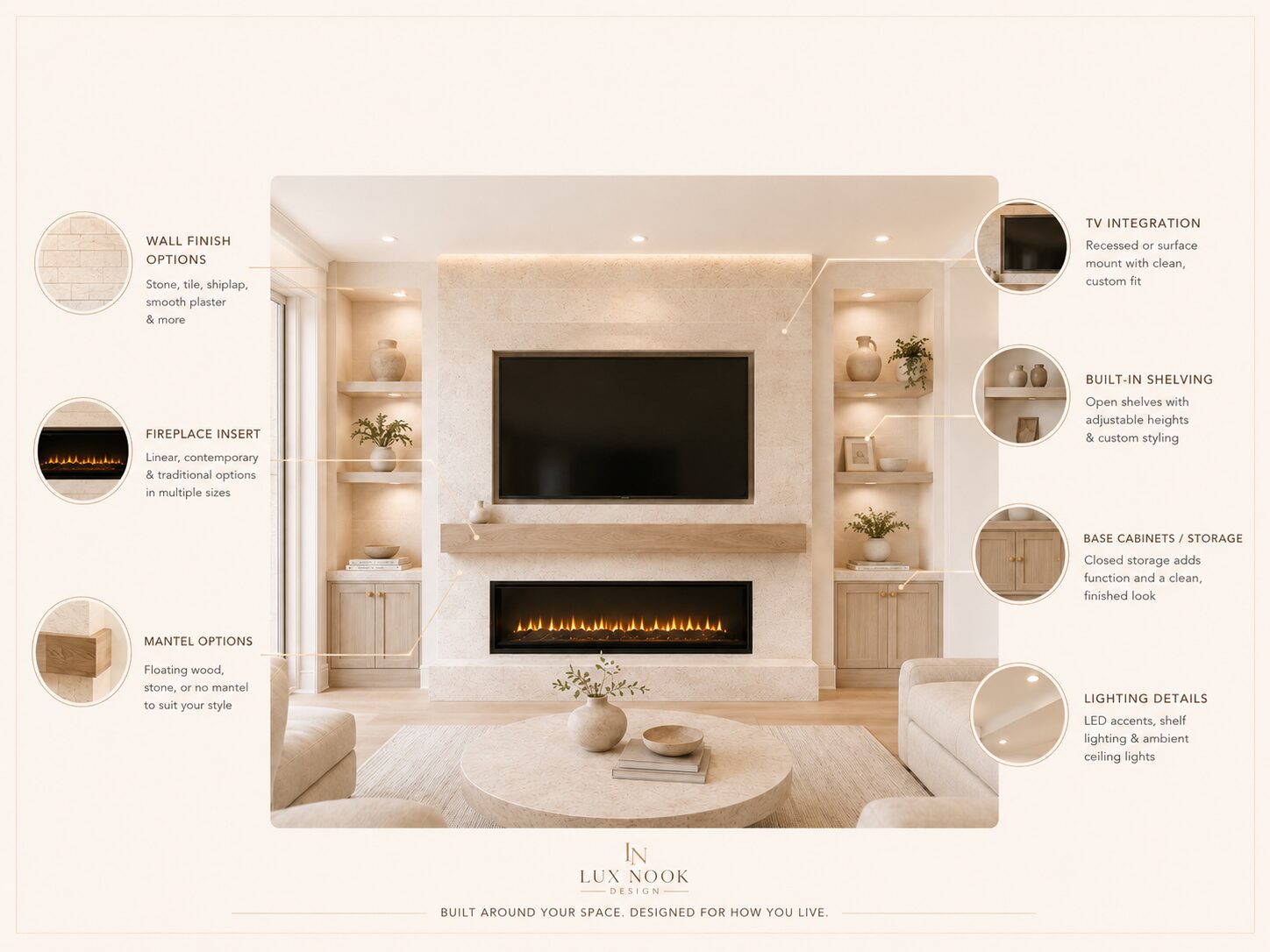 Custom Fireplace Wall Service Florida | Lux Nook Design Custom fireplace wall service in Florida with built-in shelving, mantel, TV integration, and linear fireplace