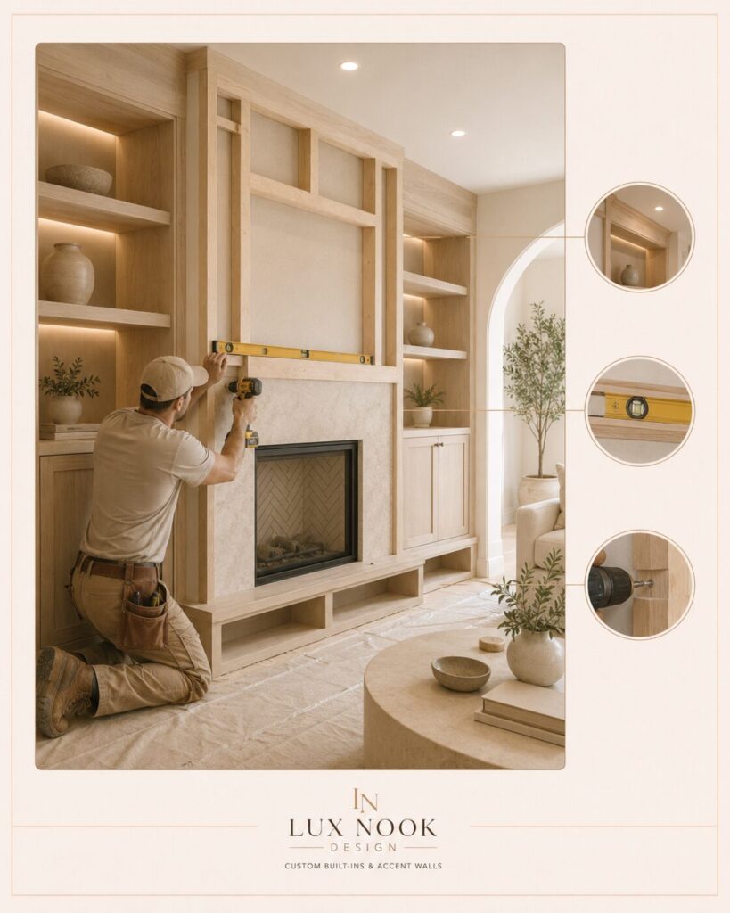 Installation and Construction | Lux Nook Design Installation and construction process for a custom built-in and fireplace wall in Florida