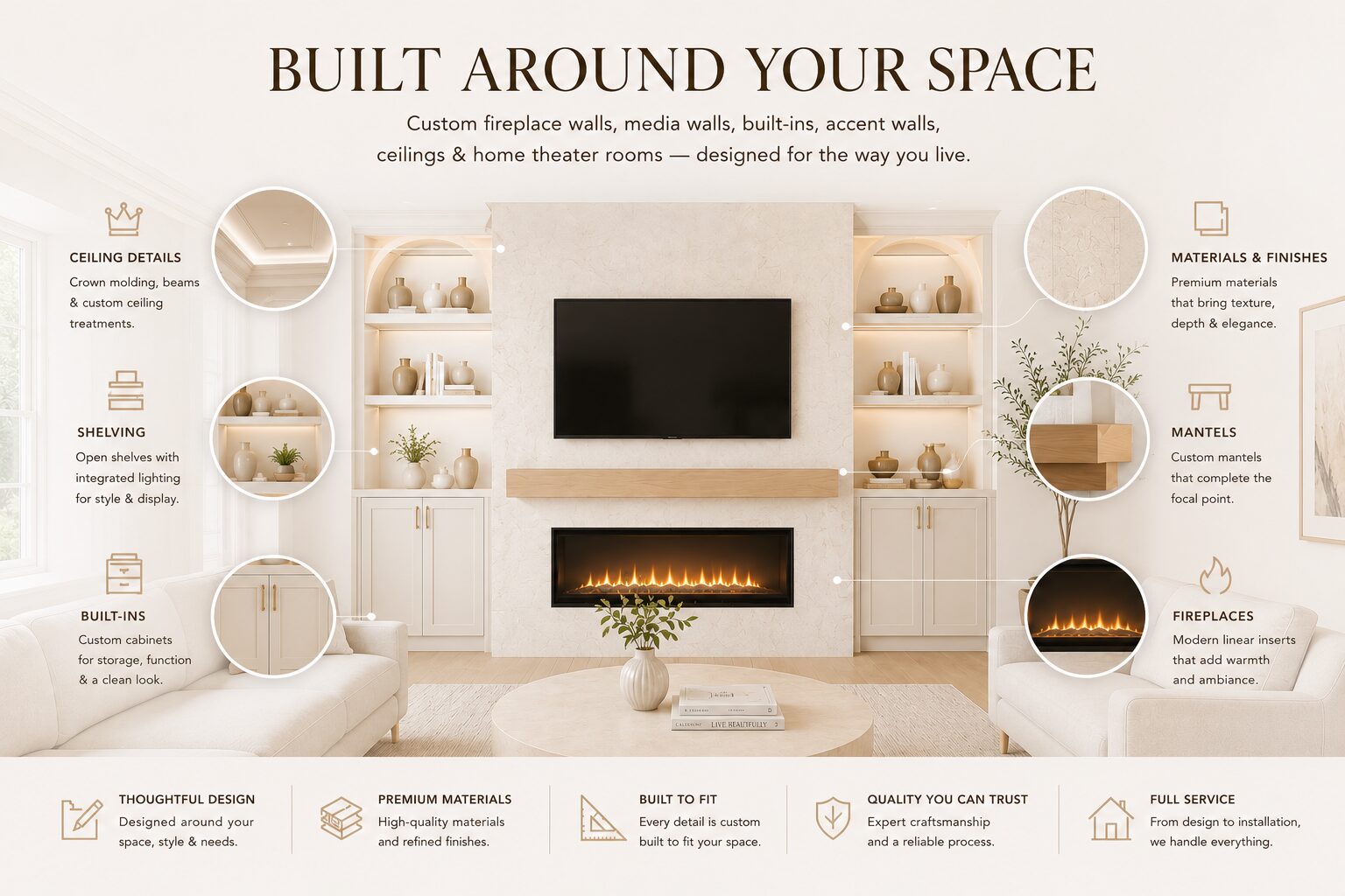 Custom Wall Services for Florida Homes Custom wall services Florida with media wall, fireplace, built-in cabinetry, and lighting