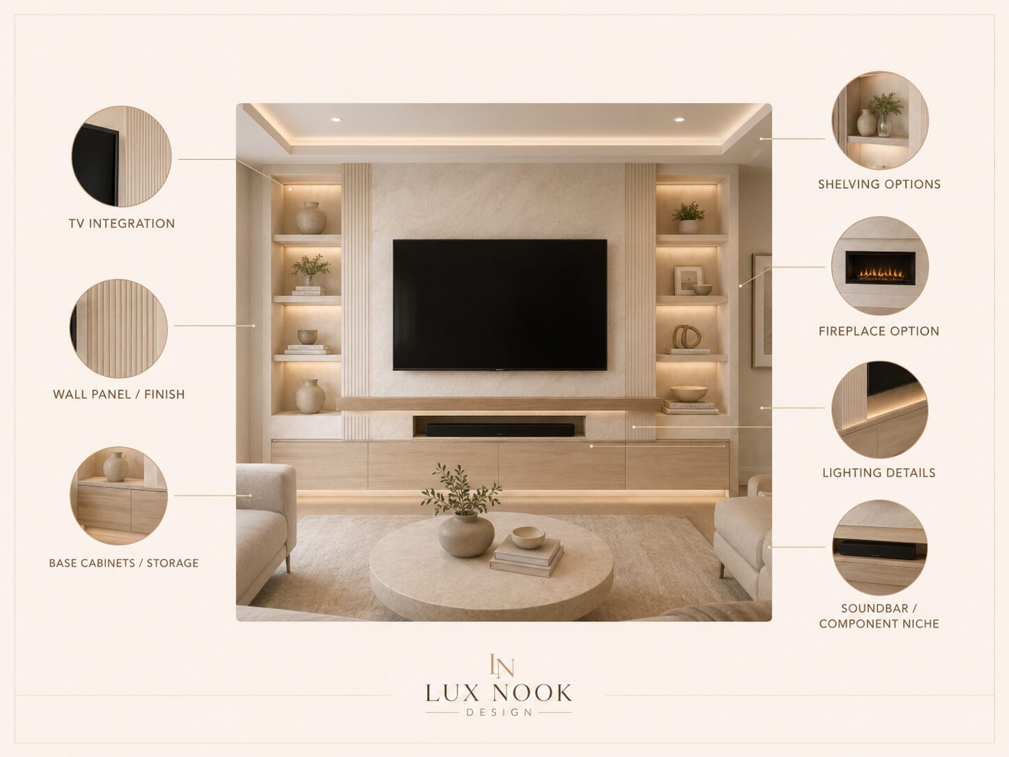Custom TV Media Wall Service Florida | Lux Nook Design Custom TV media wall service in Florida with integrated TV, shelving, storage, and lighting details