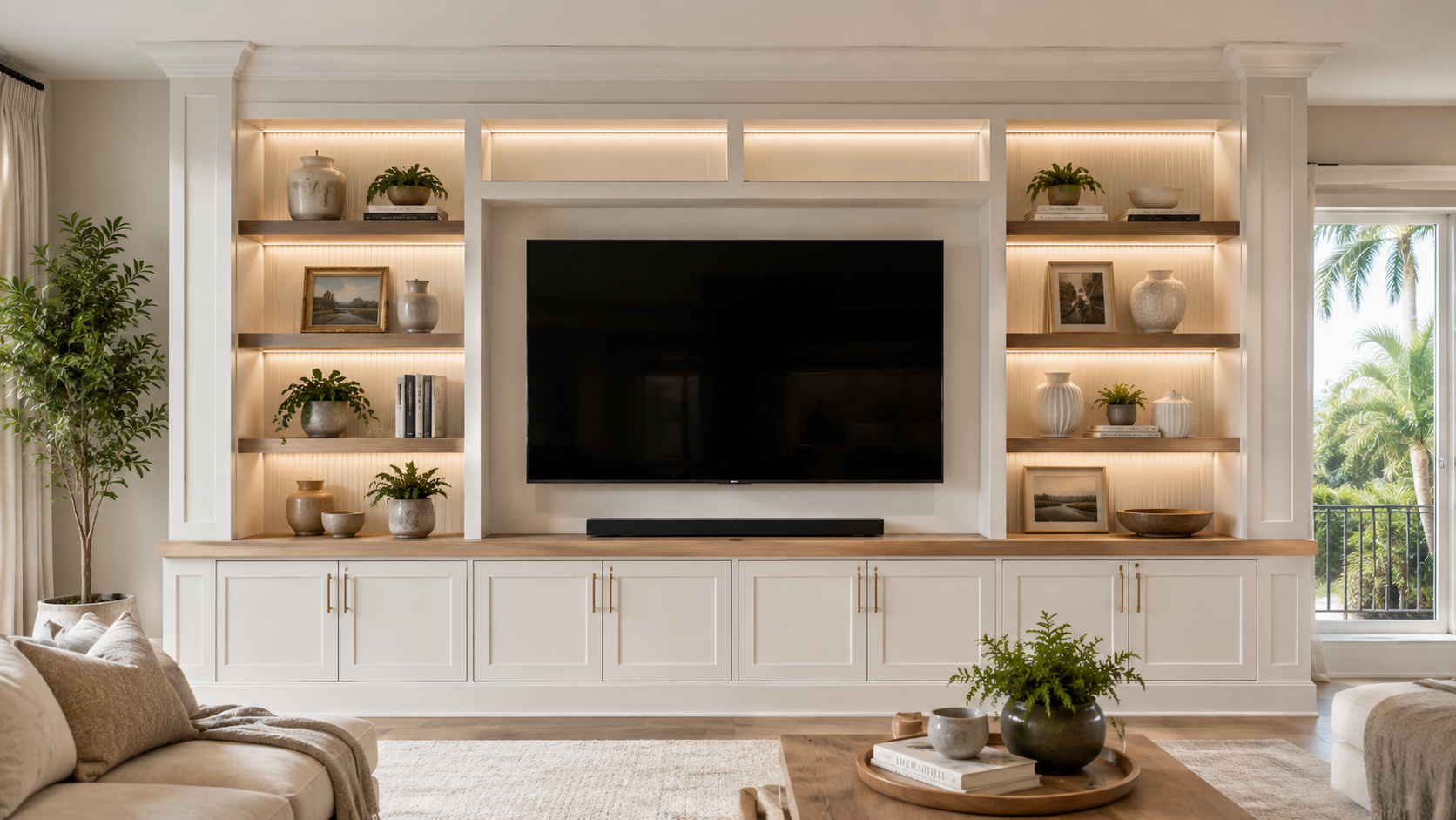 Built-in entertainment wall in Tampa with custom cabinets, illuminated shelves, large TV, and warm wood accents