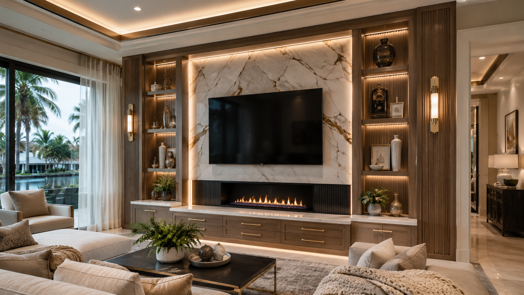 Luxury custom media wall in Tampa with marble-look stone, linear fireplace, wood cabinetry, illuminated shelves, and large TV