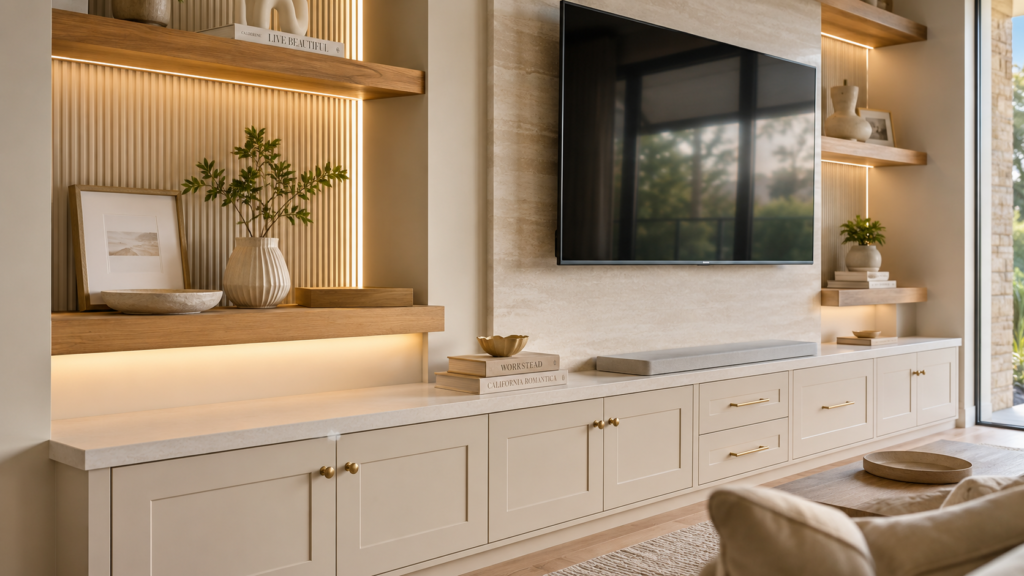 Premium custom media wall in Tampa with furniture-style cabinets, natural wood shelves, integrated lighting, and refined finishes