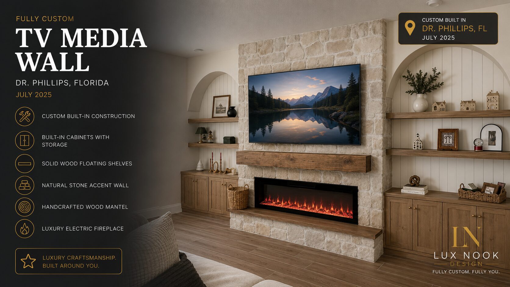 natural-stone-tv-media-wall-dr-phillips-fl.jpg Luxury TV media wall portfolio project in Dr. Phillips, Florida, with natural stone, built-in cabinets, handcrafted bench, wood mantel and floating shelves.