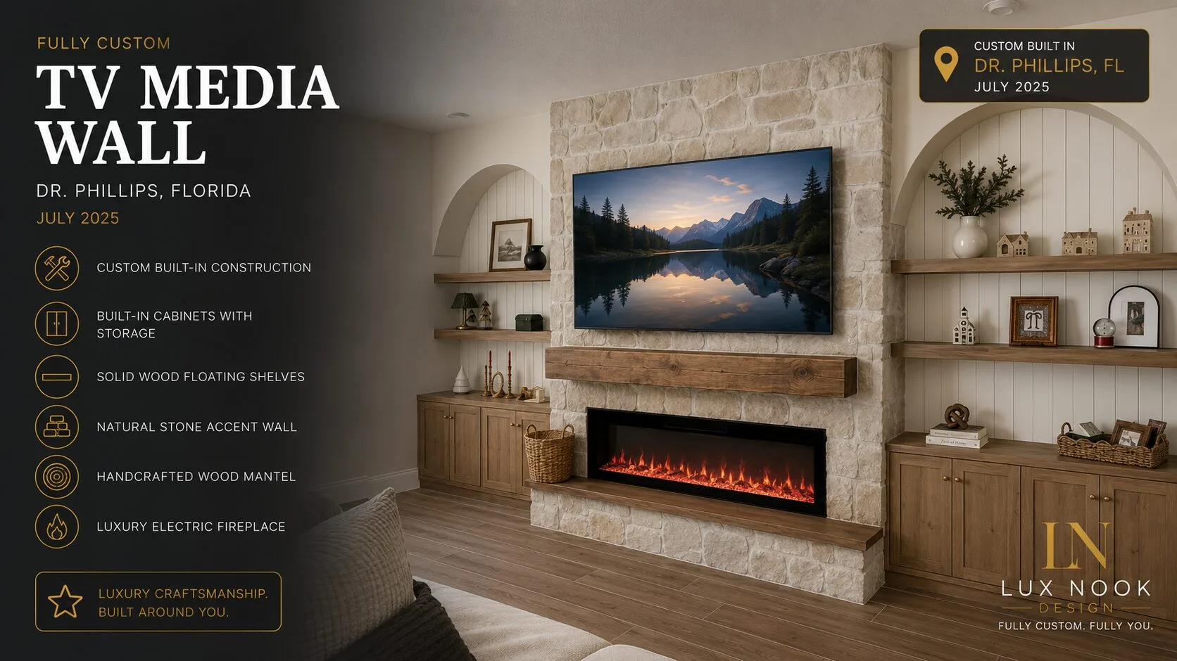 natural-stone-tv-media-wall-dr-phillips-fl.jpg Luxury TV media wall portfolio project in Dr. Phillips, Florida, with natural stone, built-in cabinets, handcrafted bench, wood mantel and floating shelves.