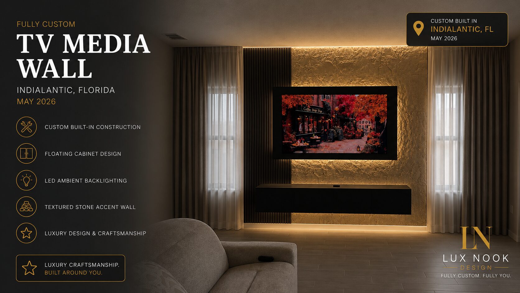 modern-floating-cabinet-tv-media-wall-indialantic-fl.jpg Modern TV media wall portfolio project in Indialantic, Florida, featuring a floating cabinet, acoustic wood panels, textured stone accent wall and LED backlighting.