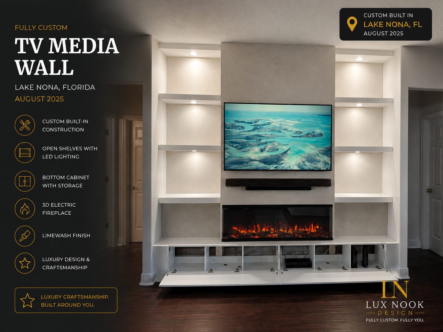 tv-media-walls-portfolio-lake-nona-fl.jpg TV Media Walls Portfolio project in Lake Nona, Florida, featuring built-in storage, a 3D electric fireplace, limewash finish, open shelves and LED lighting.