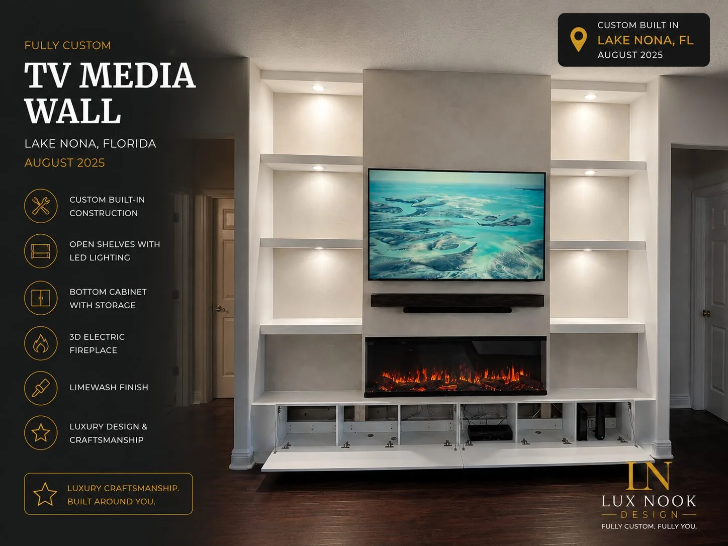tv-media-walls-portfolio-lake-nona-fl.jpg TV Media Walls Portfolio project in Lake Nona, Florida, featuring built-in storage, a 3D electric fireplace, limewash finish, open shelves and LED lighting.
