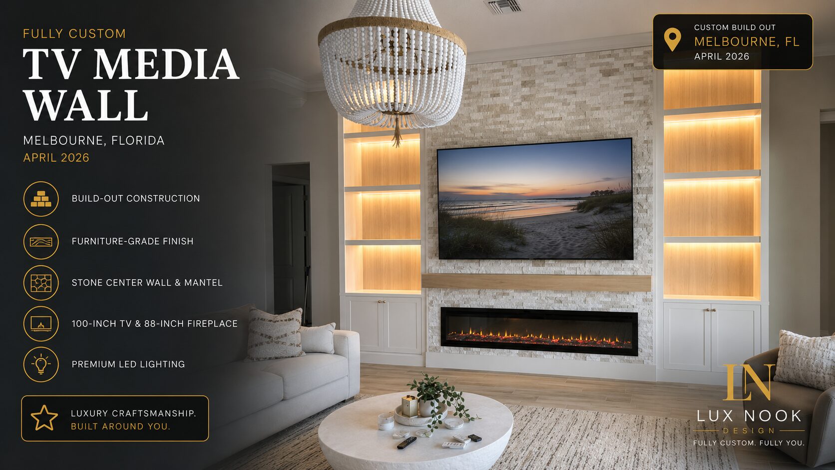 Custom stone TV media wall in Melbourne with illuminated built-in shelves, 100-inch TV and 88-inch electric fireplace