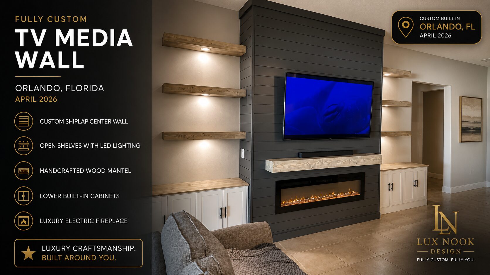 Custom Fireplace TV Wall with Floating Shelves Dark shiplap TV media wall with built-in cabinetry in Orlando