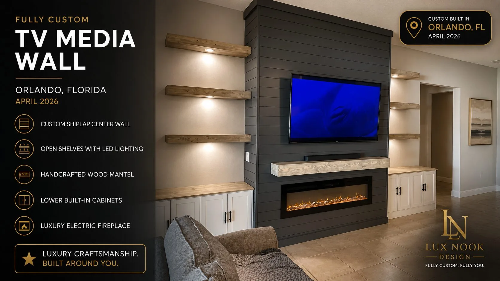 Custom Fireplace TV Wall with Floating Shelves Dark shiplap TV media wall with built-in cabinetry in Orlando