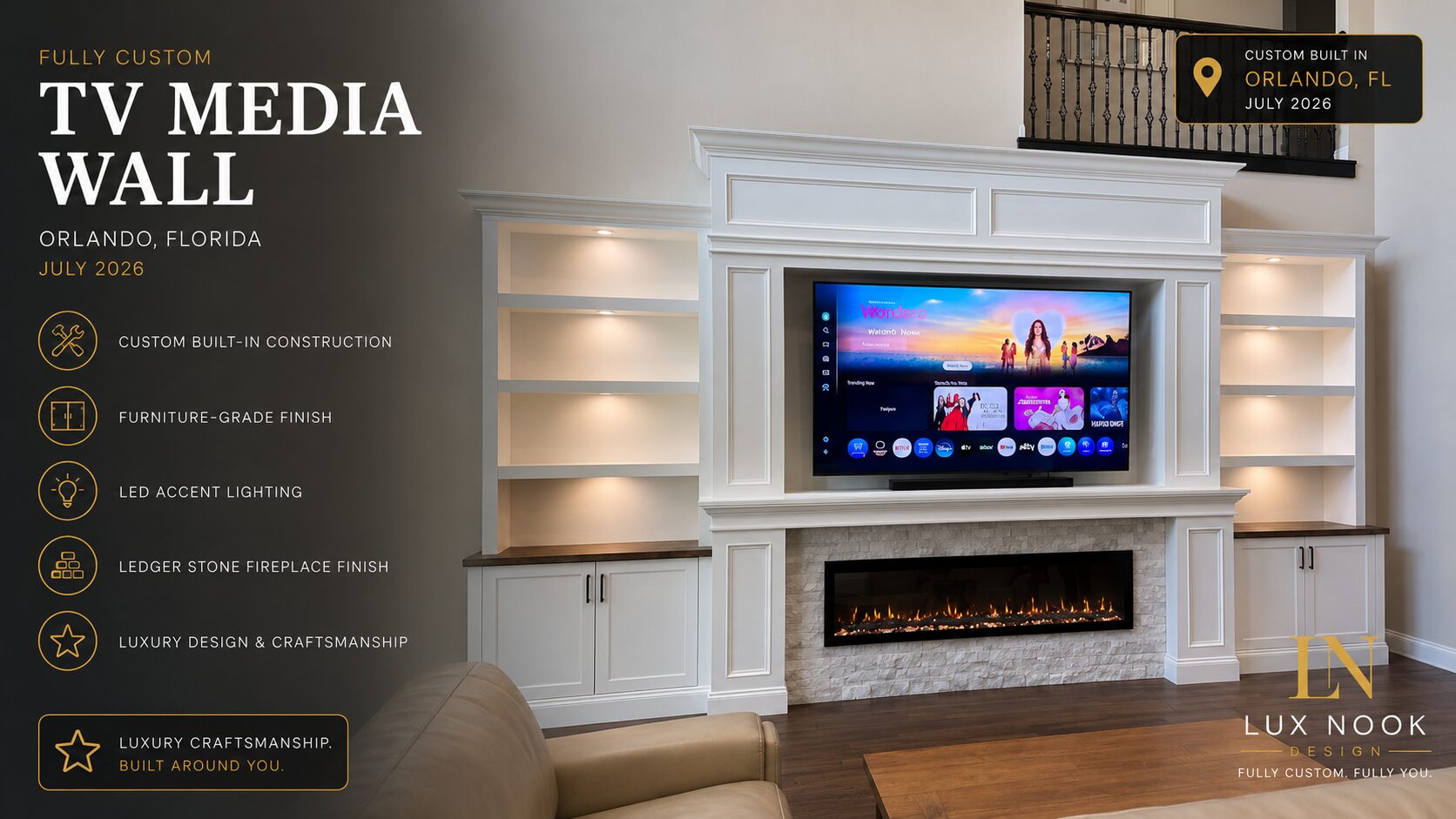luxury-tv-media-wall-portfolio-orlando-built-ins-ledger-stone.webp Luxury TV media wall portfolio project in Orlando with custom built-in cabinets, LED shelving, ledger stone fireplace and recessed TV