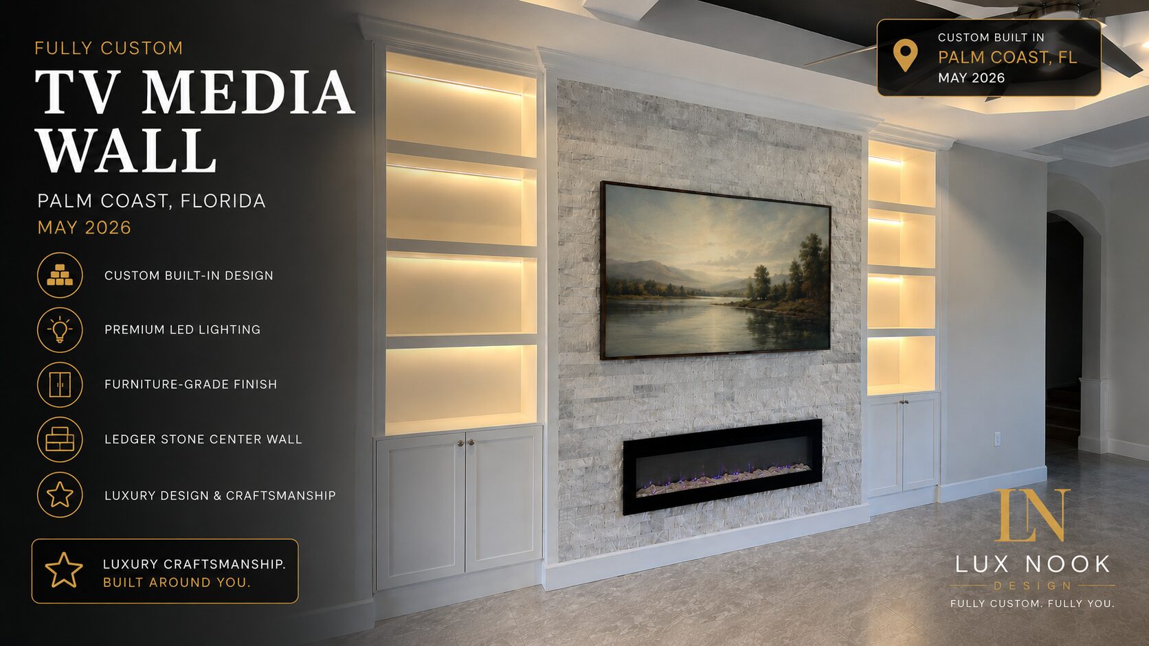 modern-tv-media-wall-portfolio-palm-coast-ledger-stone.webp Modern TV media wall portfolio project in Palm Coast with ledger stone center wall, built-in cabinetry and premium LED shelf lighting