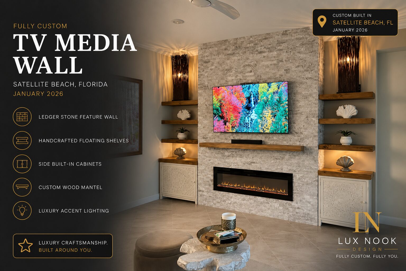 ledger-stone-tv-media-wall-satellite-beach-fl.jpg Custom TV media wall portfolio project in Satellite Beach, Florida, featuring ledger stone, handcrafted floating shelves, side cabinets, wood mantel and accent lighting.
