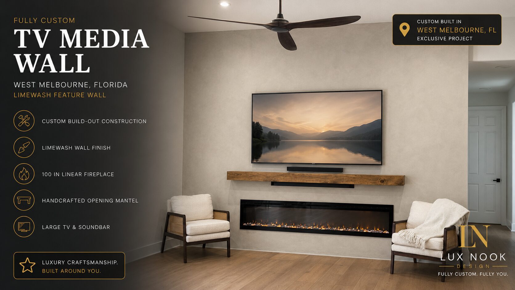 Limewash TV media wall in West Melbourne with handcrafted wood mantel and 100-inch linear electric fireplace