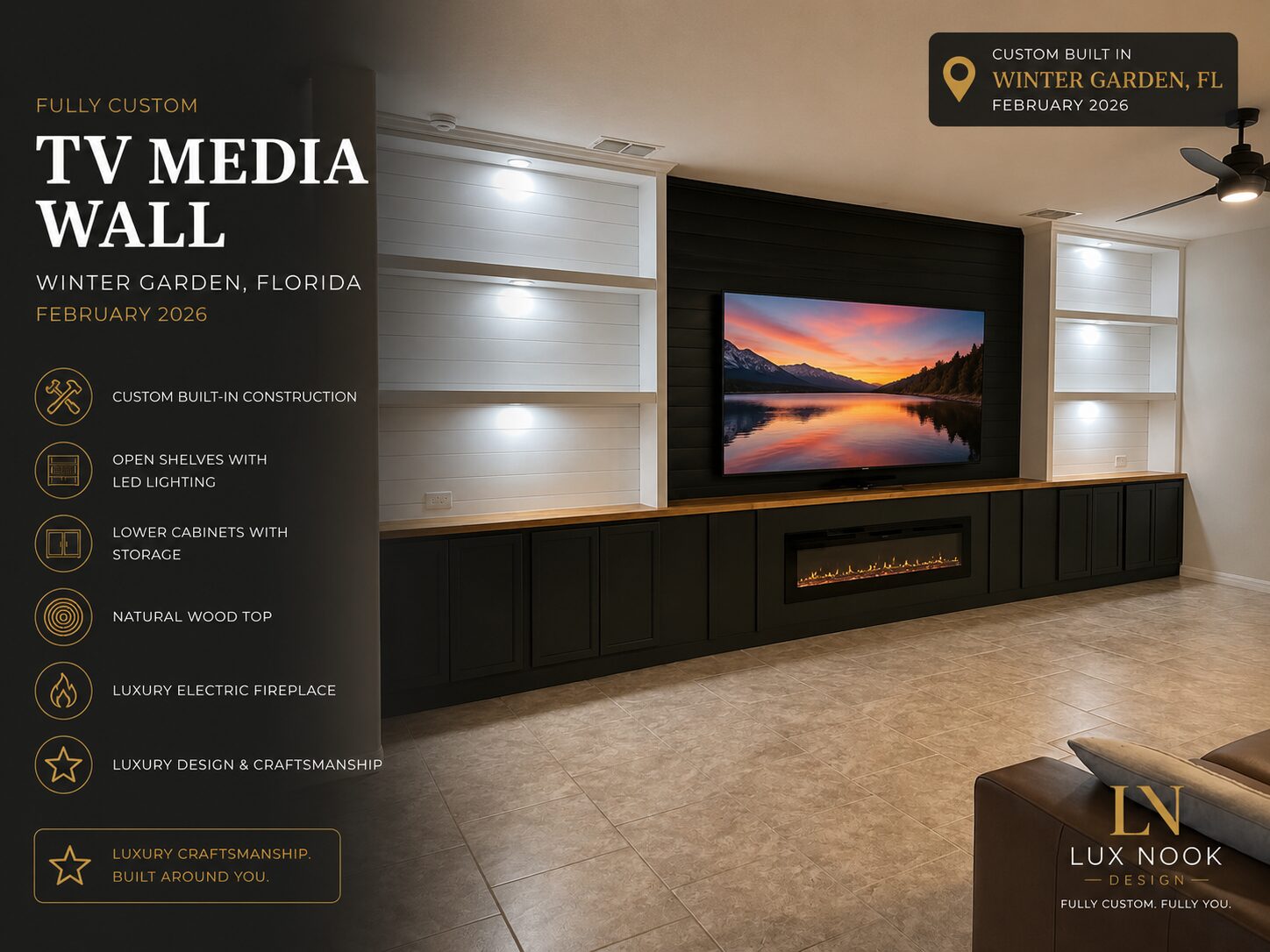 shiplap-tv-media-wall-winter-garden-fl.jpg Custom TV media wall portfolio project in Winter Garden, Florida, with shiplap, open LED shelves, lower cabinets, natural wood top and electric fireplace.