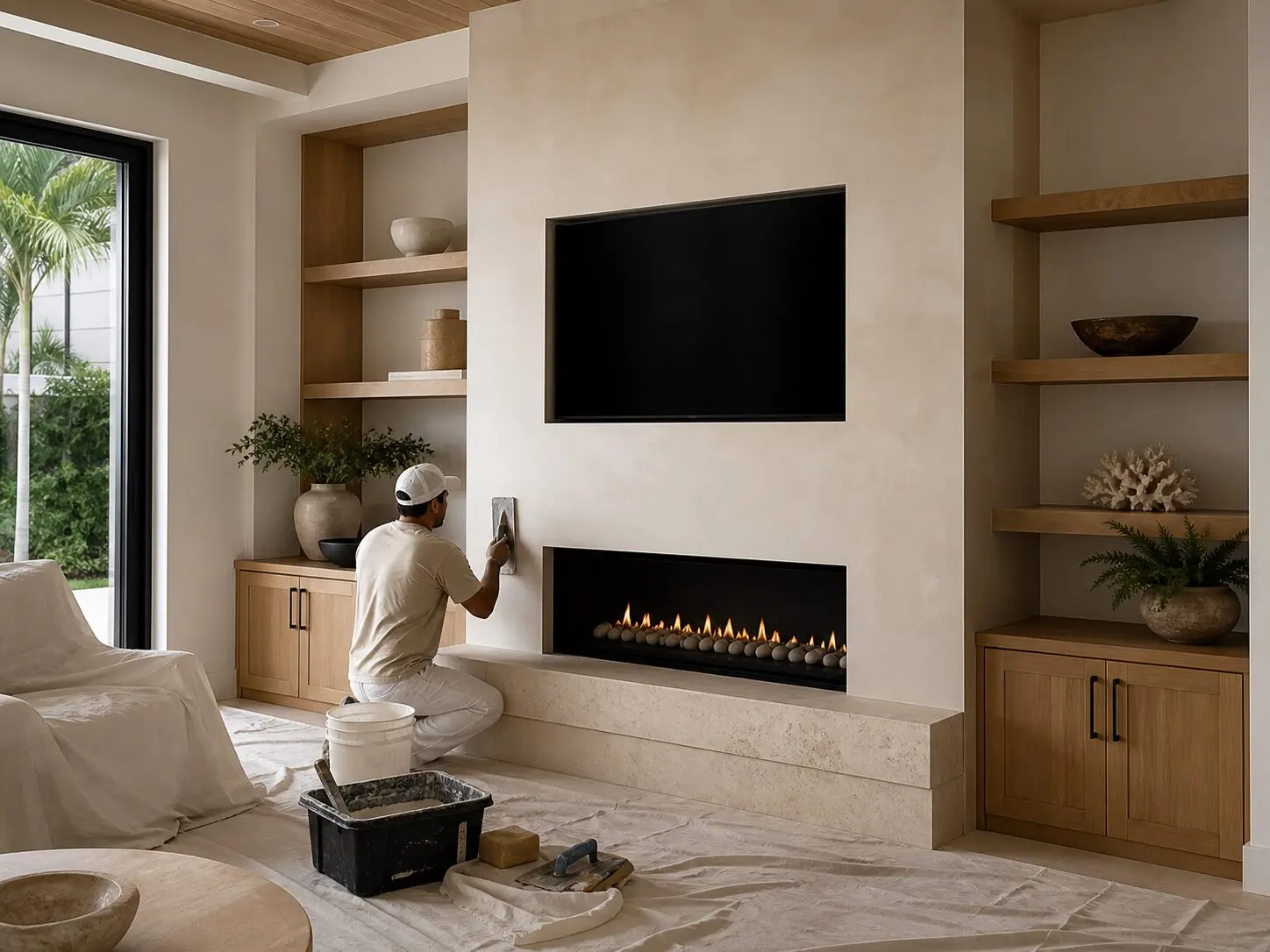 Custom media wall construction installation and finishing in Melbourne Florida