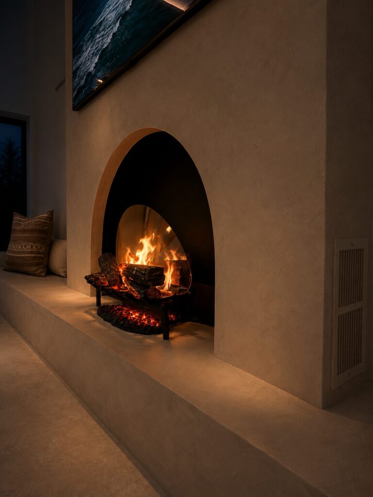 Arched wood-burning fireplace with warm limewash surround in Boca Raton