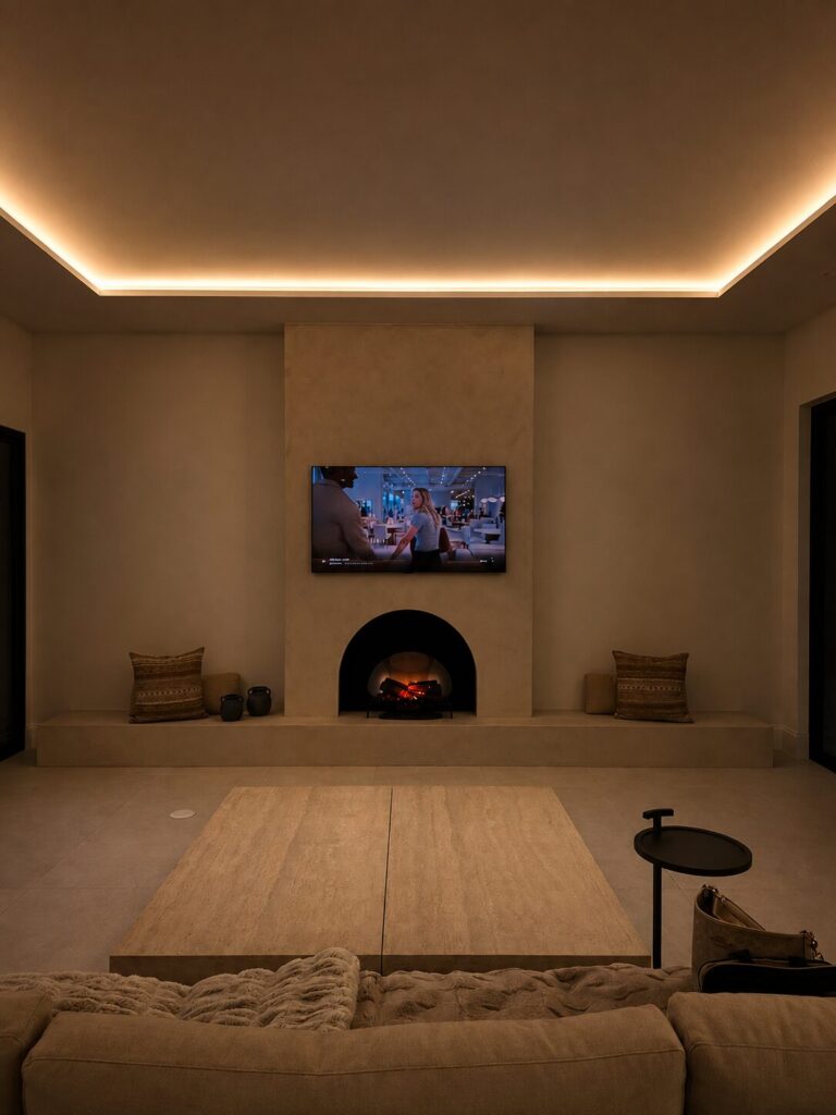 Limewash fireplace wall with ambient ceiling lighting and extended hearth
