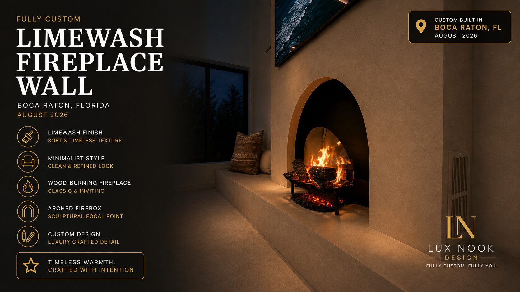 Quiet Luxury Limewash Fireplace Wall | Lux Nook Design Quiet luxury limewash fireplace wall with an arched wood-burning firebox in Boca Raton by Lux Nook Design