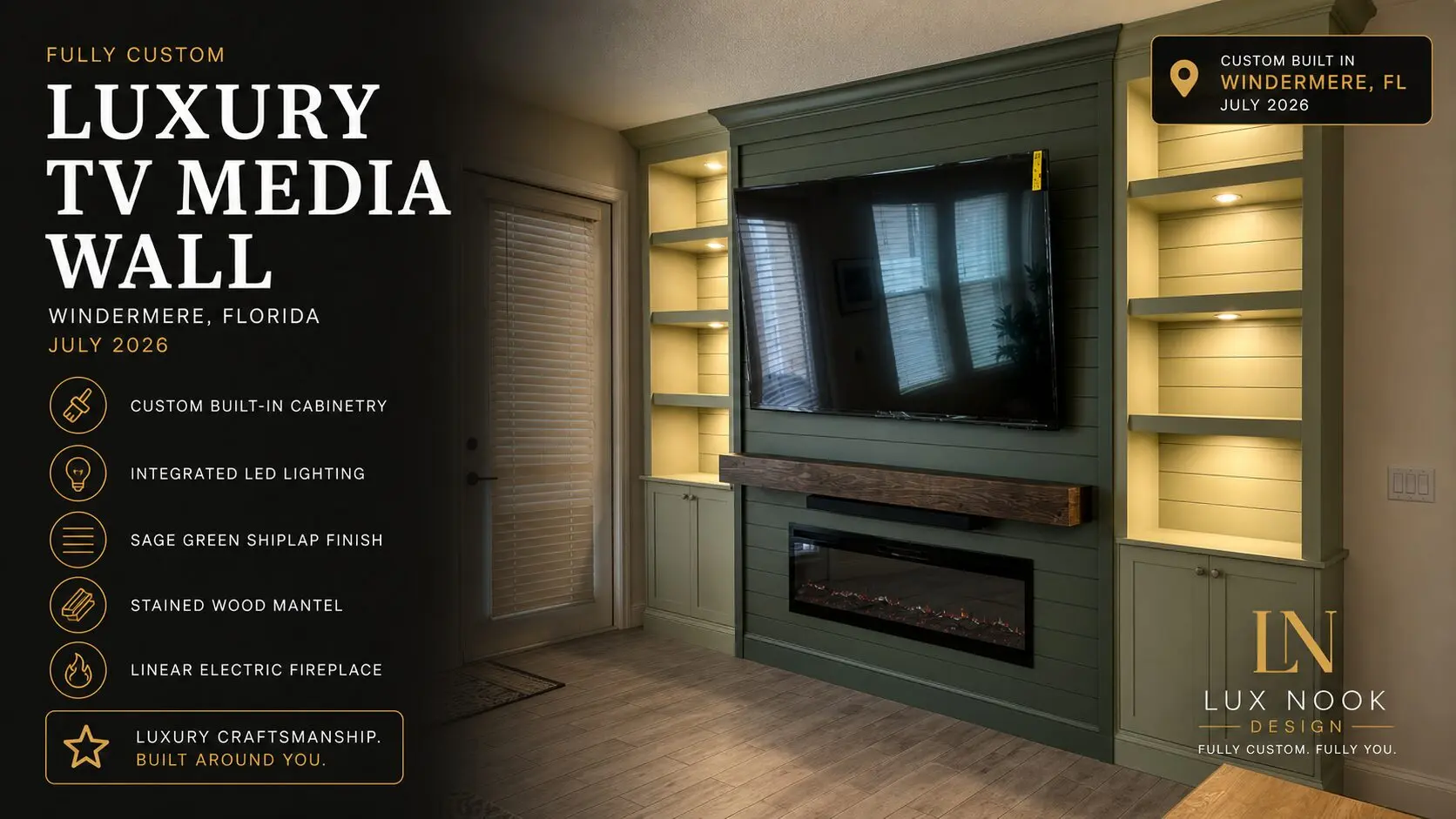 Luxury TV Media Wall | Windermere Orlando Area Luxury custom TV media wall in Windermere near Orlando with sage green shiplap, illuminated built-ins, wood mantel and electric fireplace