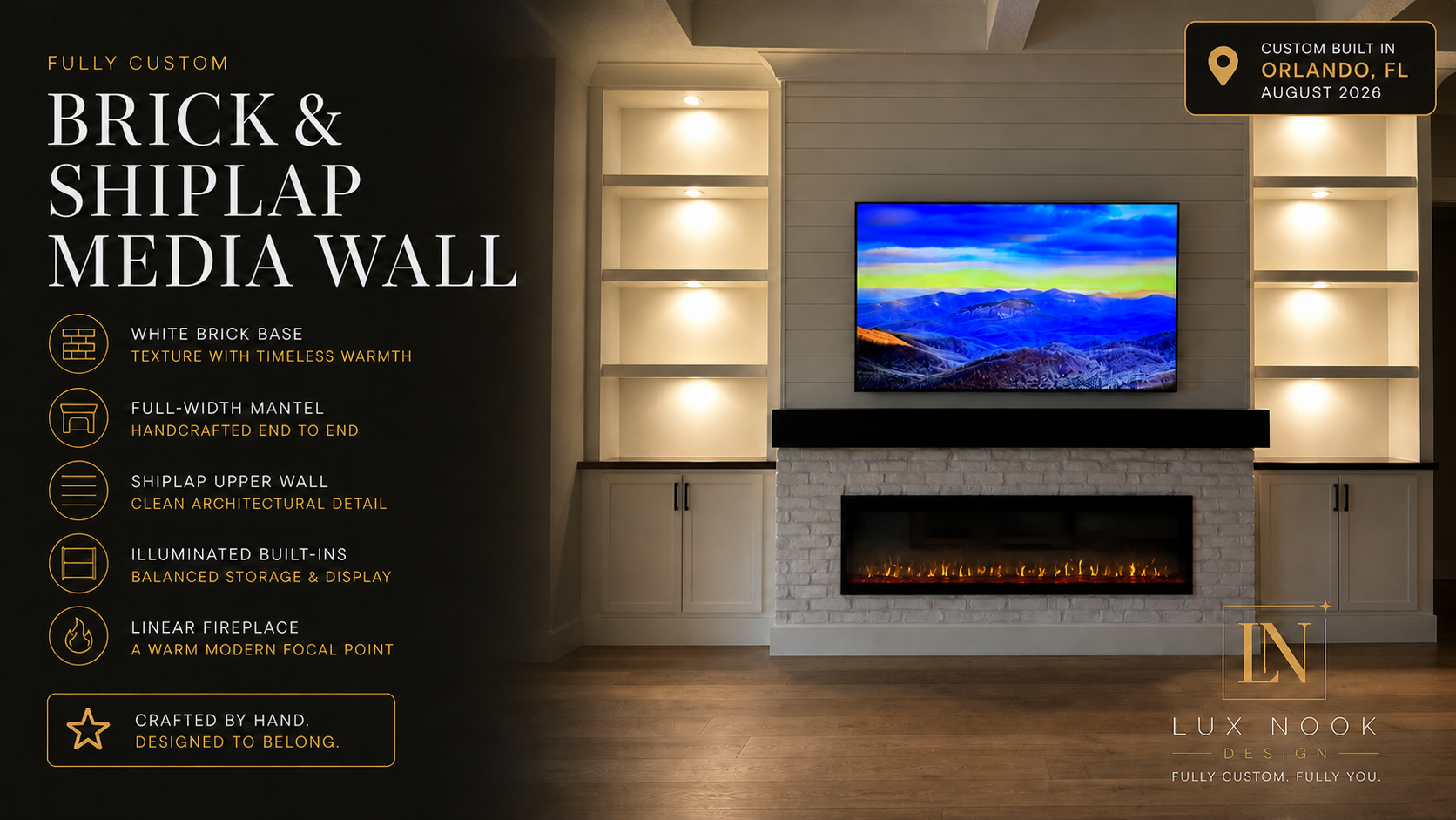 rick and shiplap media wall in Orlando with white brick fireplace, handcrafted full-width mantel, and illuminated built-ins