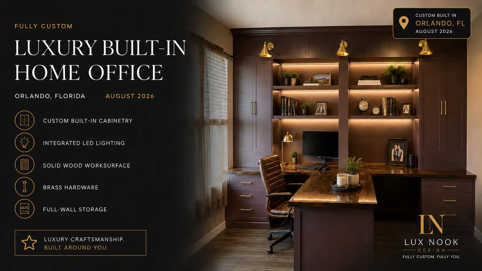 Luxury built-in home office cabinetry with LED lighting in Orlando by Lux Nook Design
