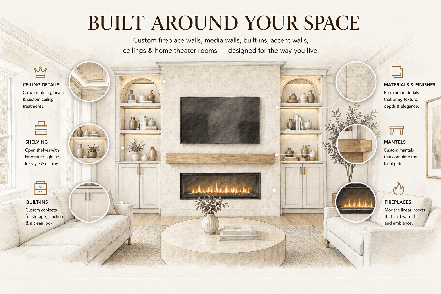 Custom wall services Florida with media wall, fireplace, built-in cabinetry, and lighting