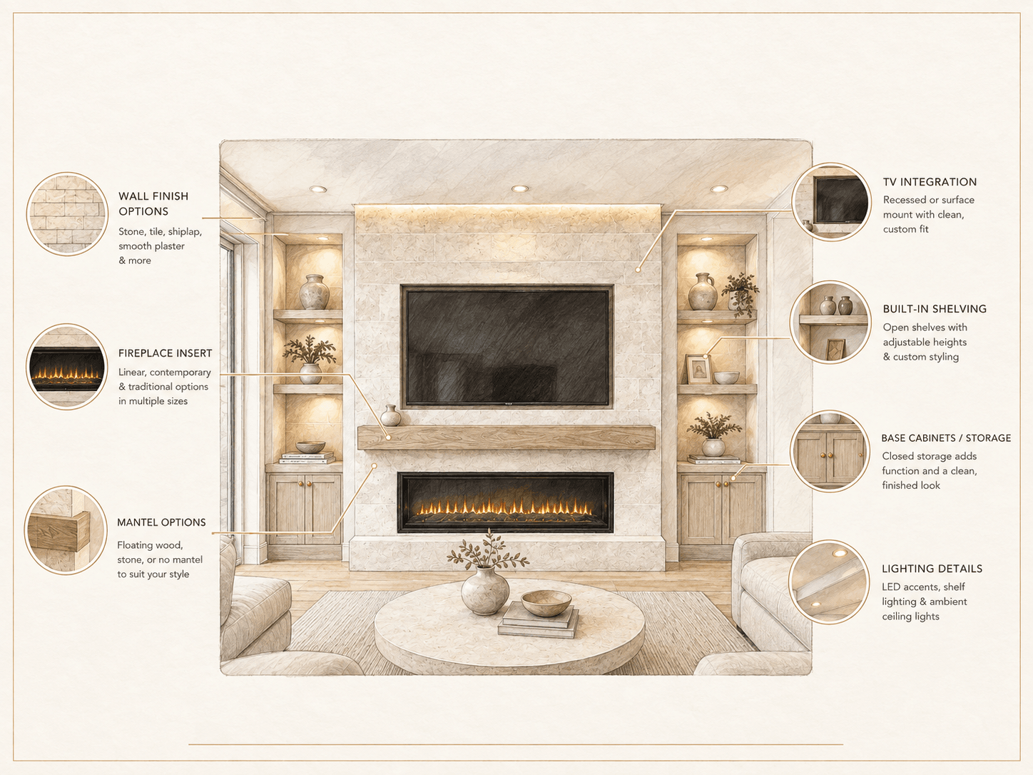 Custom fireplace wall service in Florida with built-in shelving, mantel, TV integration, and linear fireplace