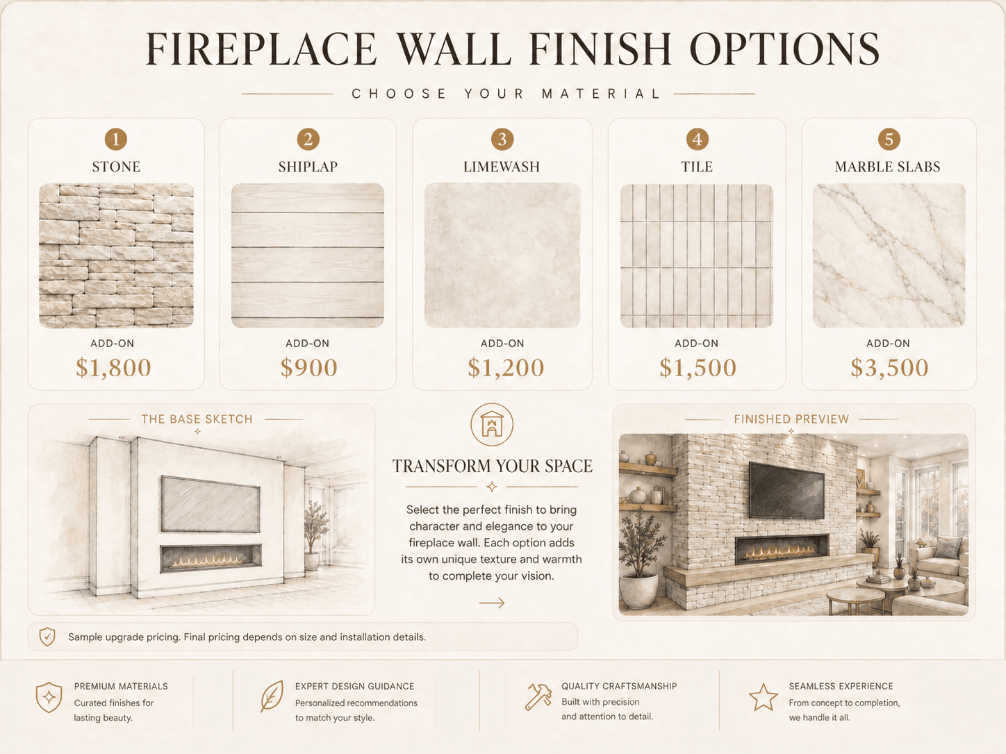 Custom Fireplace Wall Finish Options Fireplace wall finish options including stone, shiplap, limewash, tile, and marble slabs