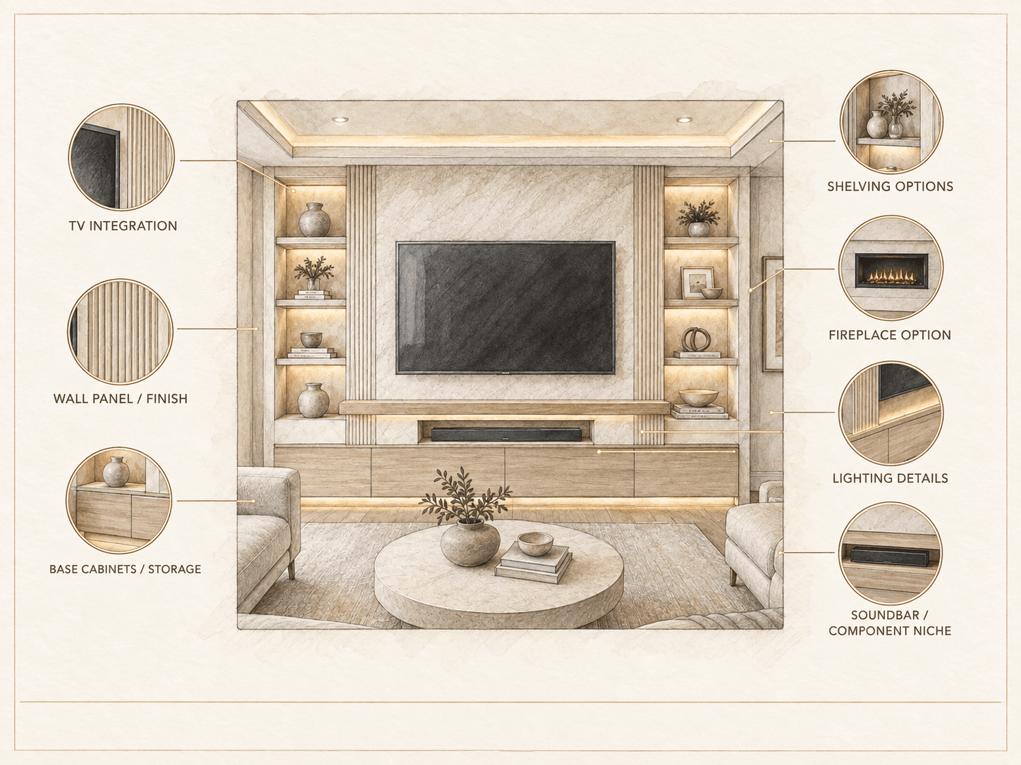 Custom TV media wall service in Florida with integrated TV, shelving, storage, and lighting details