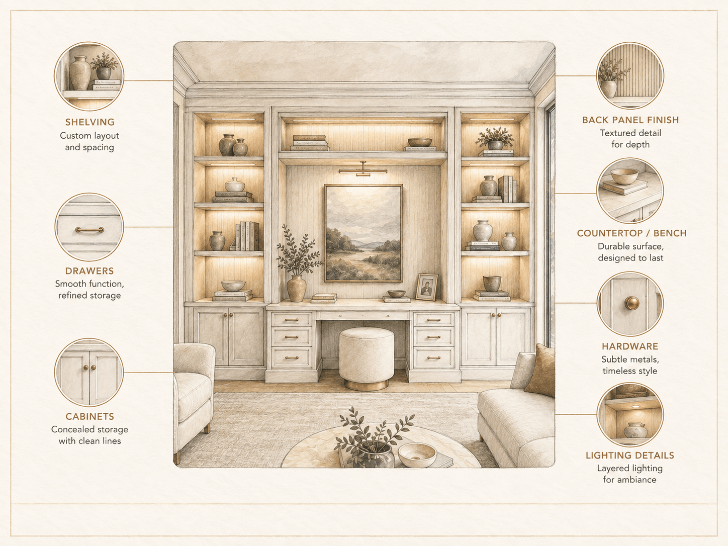 Custom built-in wall service in Florida with shelving, cabinets, drawers, and integrated lighting