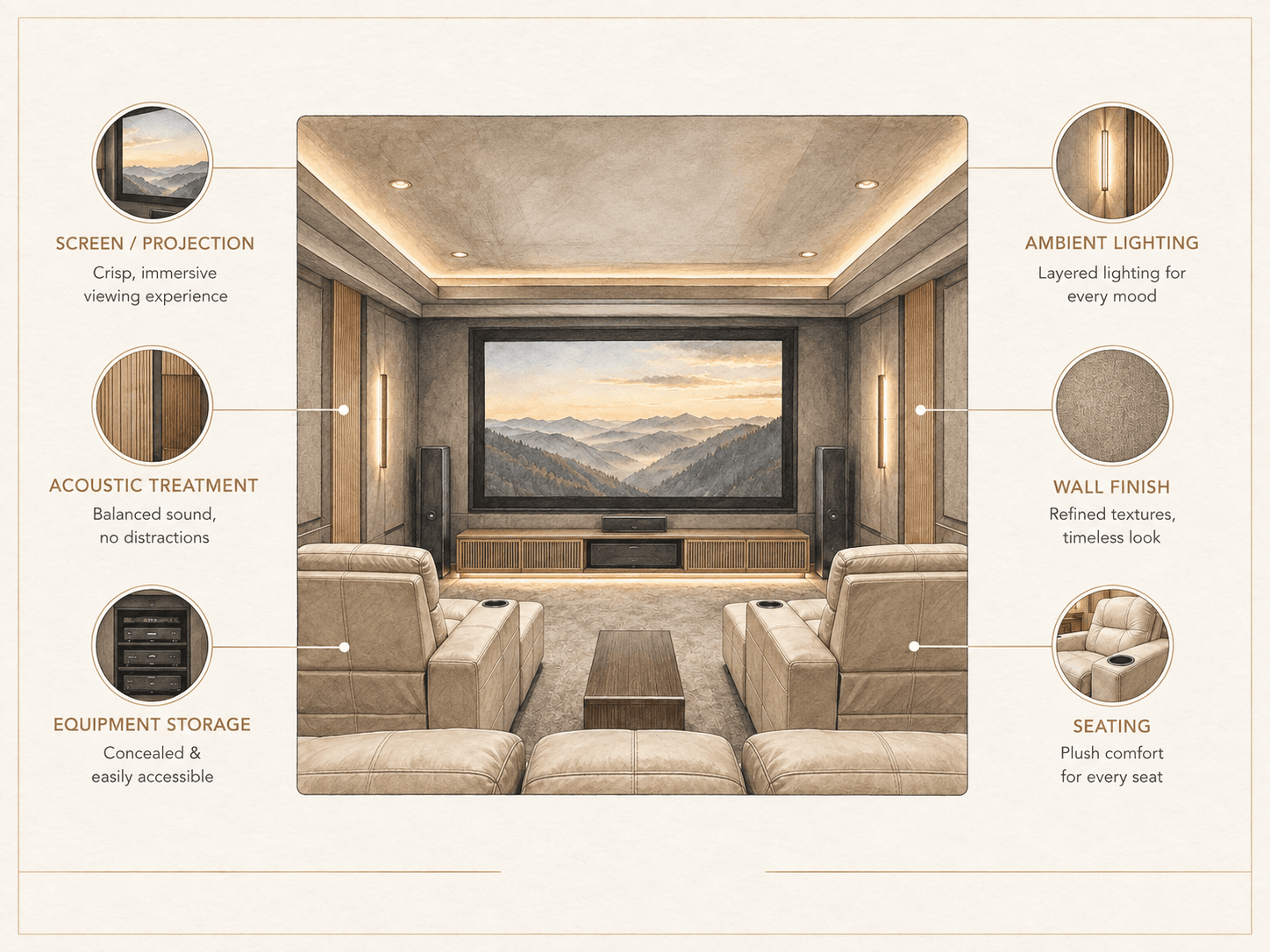 Custom home theater with media wall and integrated lighting