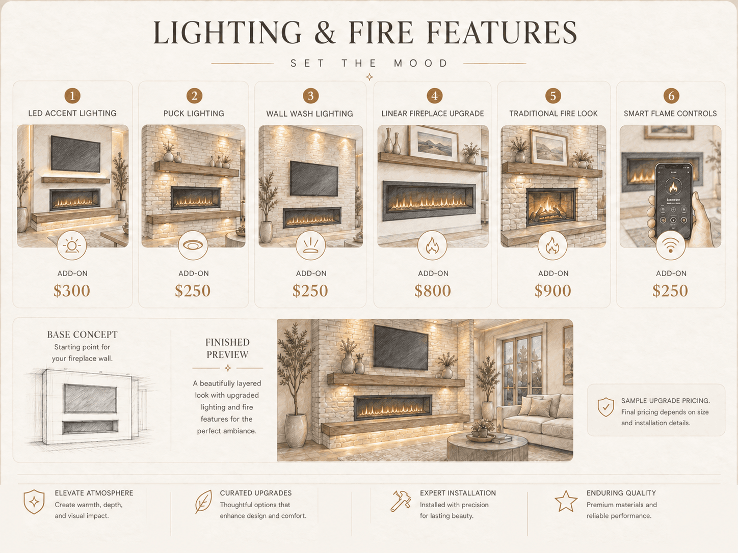 Fireplace Wall Lighting and Fire Features Custom fireplace wall lighting options with LED lights and upgraded fireplace features