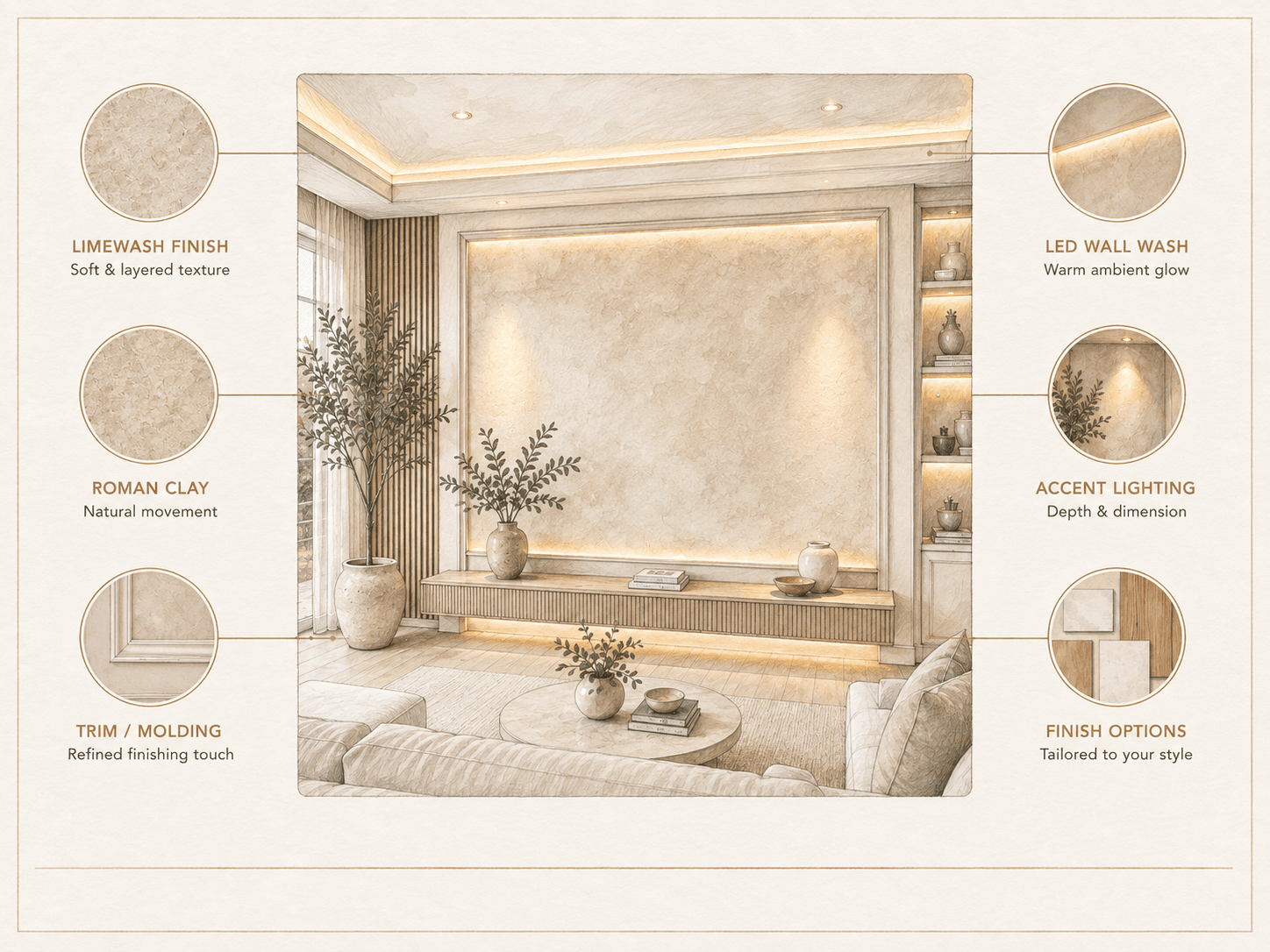 Custom accent wall service in Florida with limewash, Roman clay, lighting, and decorative wall details
