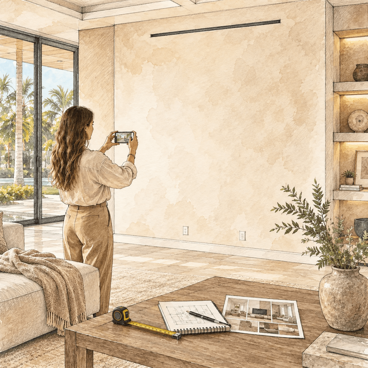 Share Your Space for a Custom Fireplace Wall Design Homeowner taking a photo of a blank wall for a custom fireplace wall design consultation