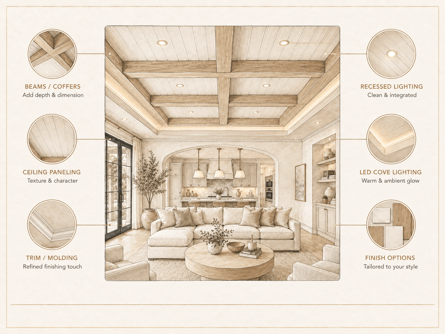 Custom ceiling feature service in Florida with beams, paneling, trim, and integrated ceiling lighting