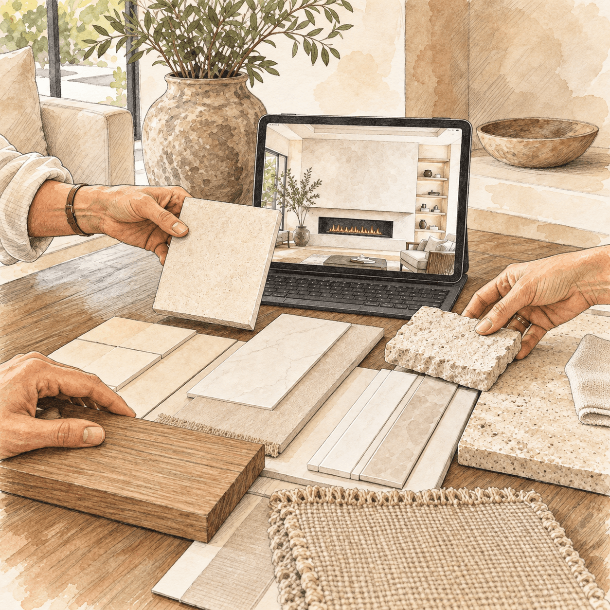 Choose Materials and Design Direction for Your Fireplace Wall Fireplace wall material samples and design concept selection for a custom fireplace wall project