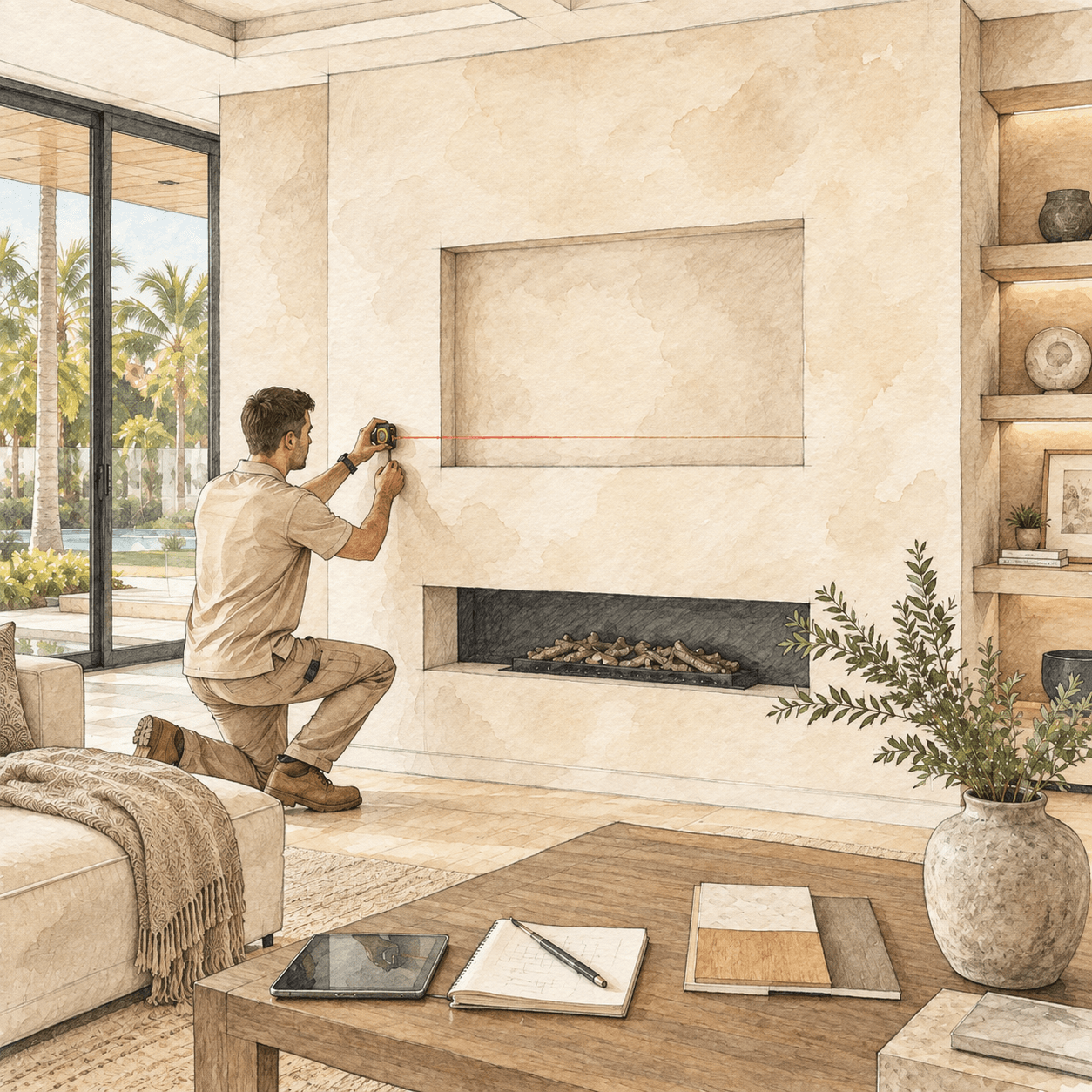 Final Measurements for a Custom Fireplace Wall Project Measuring a custom fireplace wall layout for final dimensions and project planning