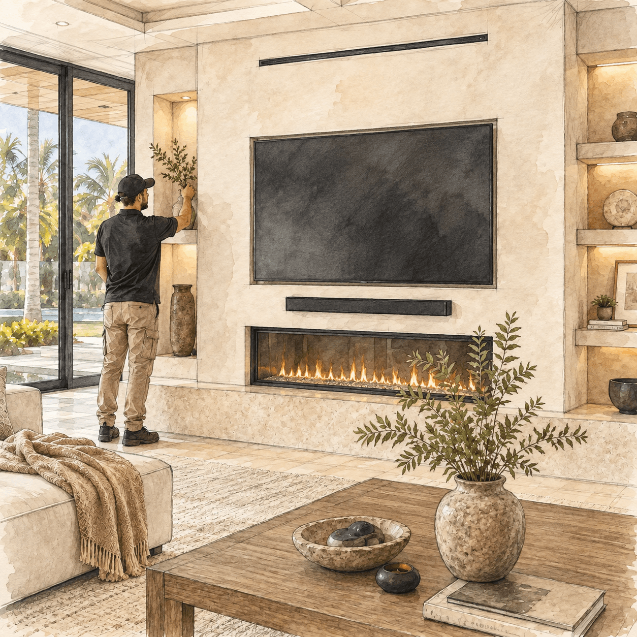 Completed Custom Fireplace Wall Installation Installed custom fireplace wall with TV, linear fireplace, and styled built-in shelves