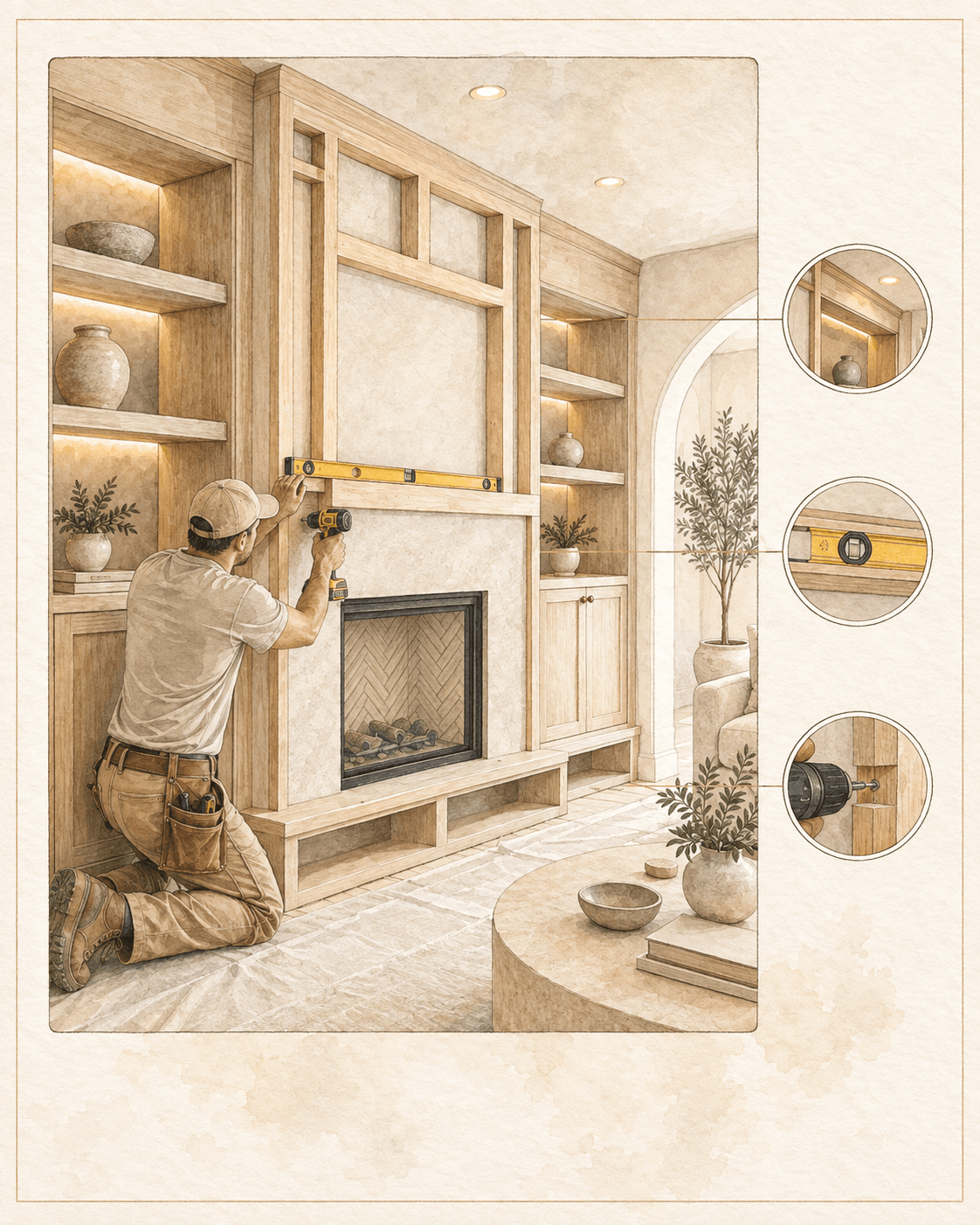 Installation and construction process for a custom built-in and fireplace wall in Florida